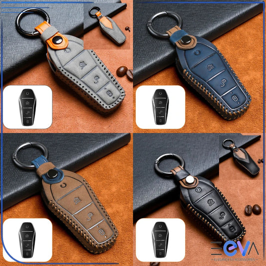 BYD vehicles genuine leather key cover case shown with keyring, stitched finish and full button access for daily protection from EEVA Store Australia.