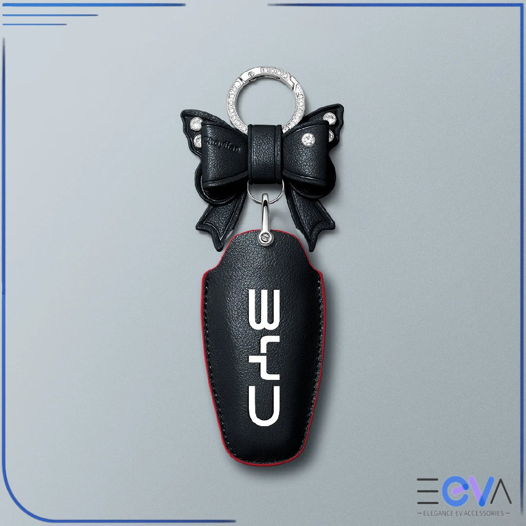 BYD black microfibre leather key cover with bow keychain from EEVA Store Australia