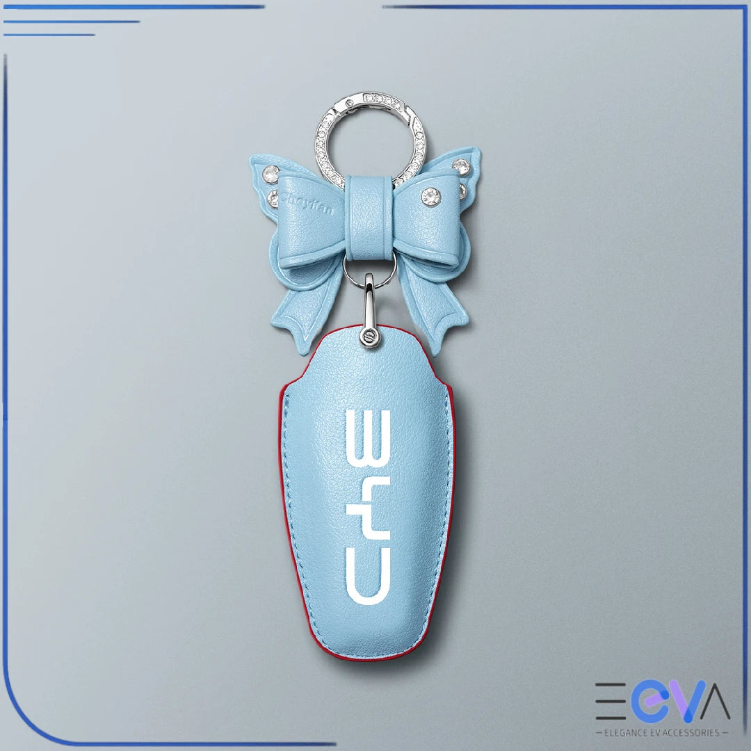 BYD blue microfibre leather key cover with bow keychain from EEVA Store Australia