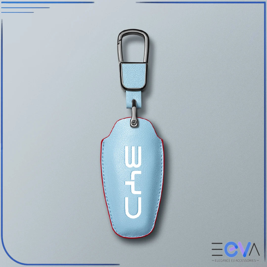 BYD blue microfibre leather key cover with carabiner strap from EEVA Store Australia