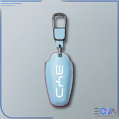 BYD blue microfibre leather key cover with carabiner strap from EEVA Store Australia