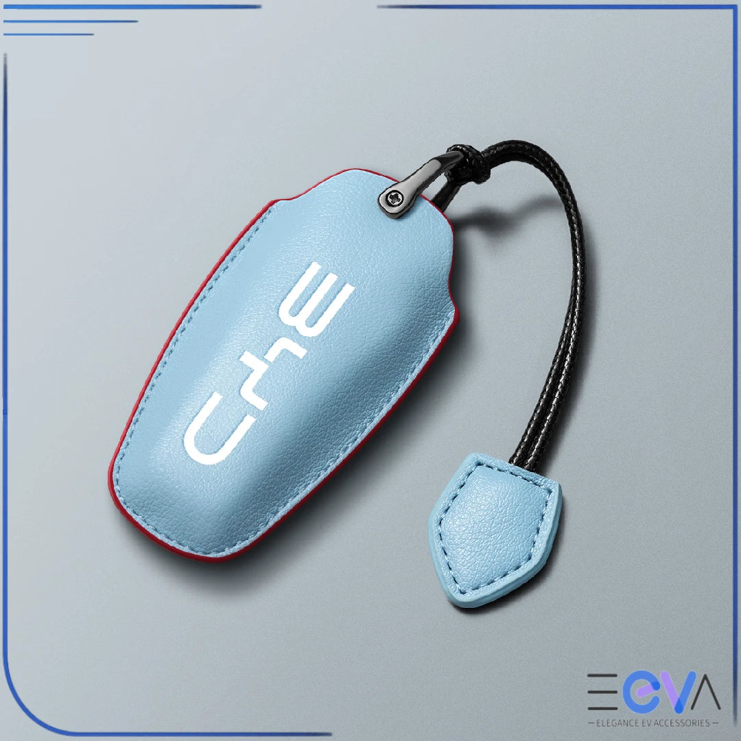 BYD blue microfibre leather key cover with leather cord strap from EEVA Store Australia