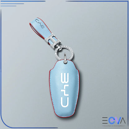BYD blue microfibre leather key cover with rhinestone loop keychain from EEVA Store Australia
