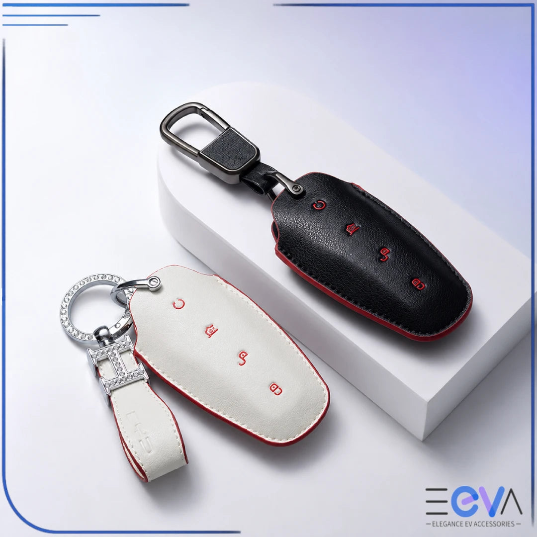 BYD microfibre leather key cover showing button access and premium keychain options from EEVA Store Australia