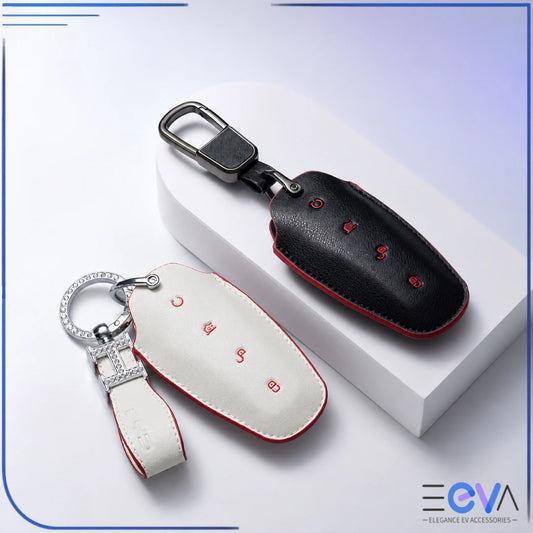 BYD microfibre leather key cover showing button access and premium keychain options from EEVA Store Australia