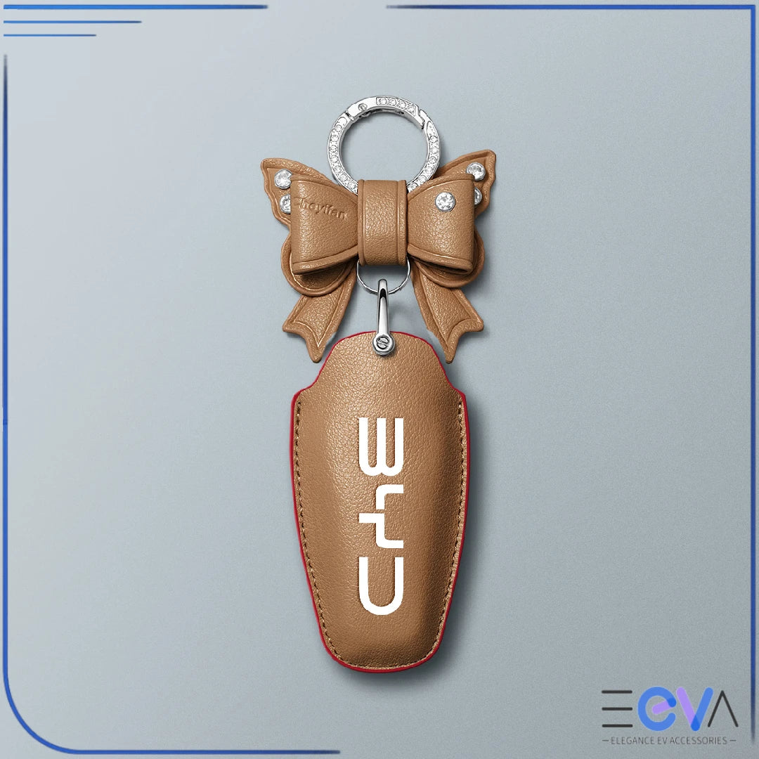 BYD caramel microfibre leather key cover with bow keychain from EEVA Store Australia