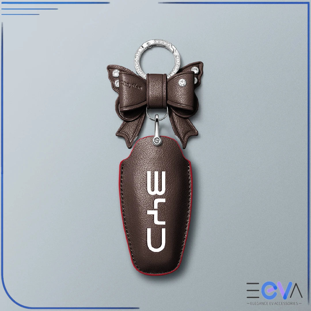 BYD coffee microfibre leather key cover with bow keychain from EEVA Store Australia