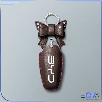 BYD coffee microfibre leather key cover with bow keychain from EEVA Store Australia