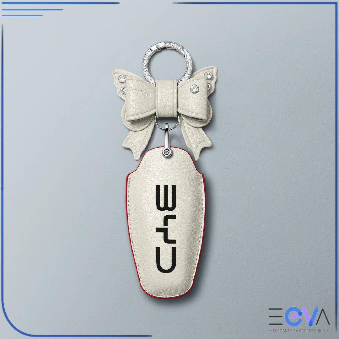 BYD cream microfibre leather key cover with bow keychain from EEVA Store Australia