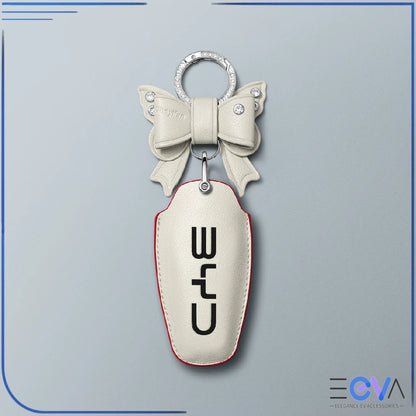 BYD cream microfibre leather key cover with bow keychain from EEVA Store Australia
