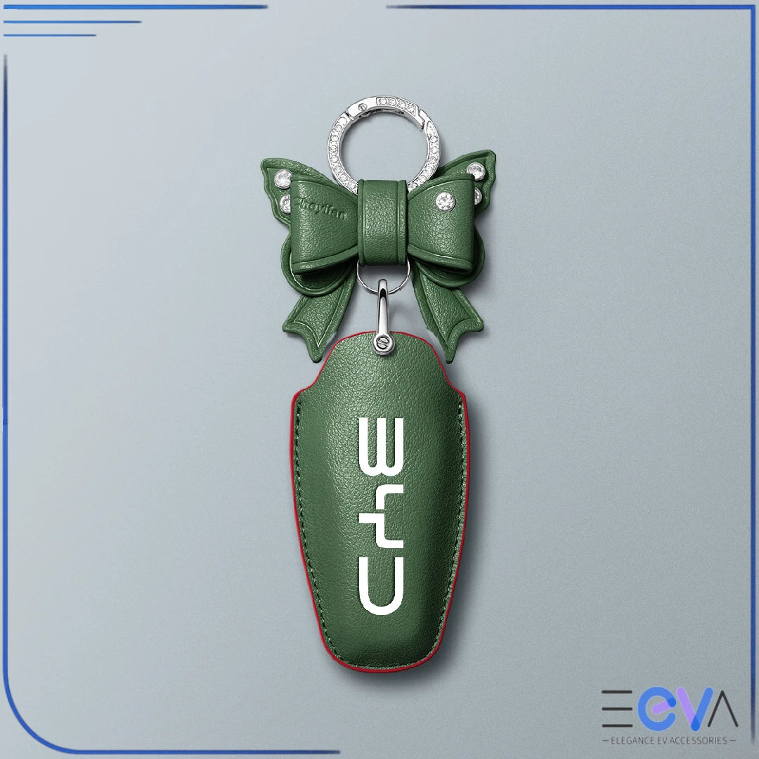 BYD green microfibre leather key cover with bow keychain from EEVA Store Australia