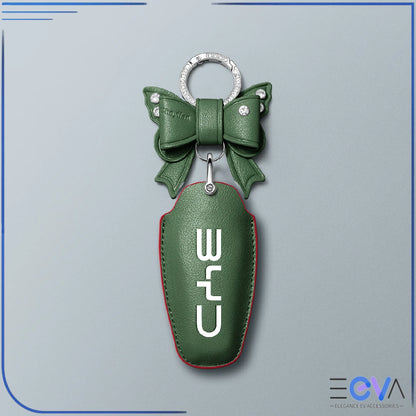 BYD green microfibre leather key cover with bow keychain from EEVA Store Australia