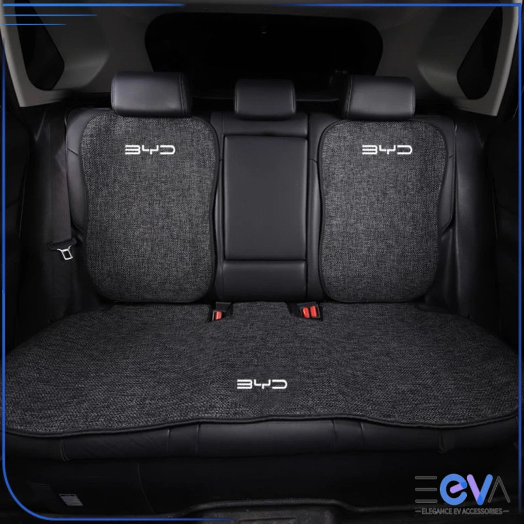 BYD rear seat linen covers in dark grey with BYD logo – durable, custom-fit protection for all seasons from EEVA Store