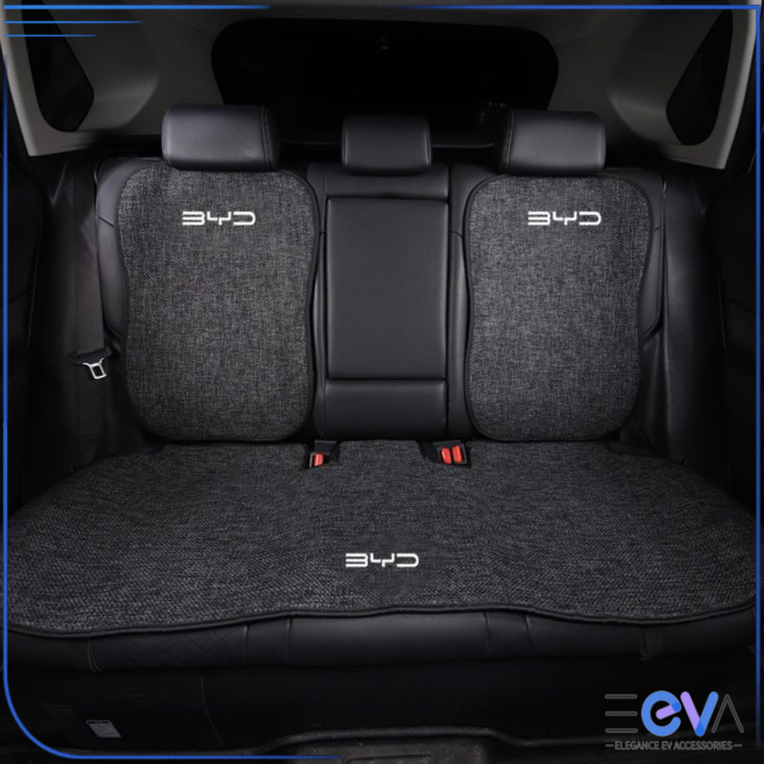Breathable linen rear seat covers installed in BYD seats from EEVA Store