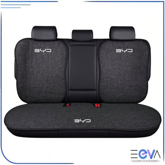 Breathable linen rear seat covers installed in BYD seats from EEVA Store