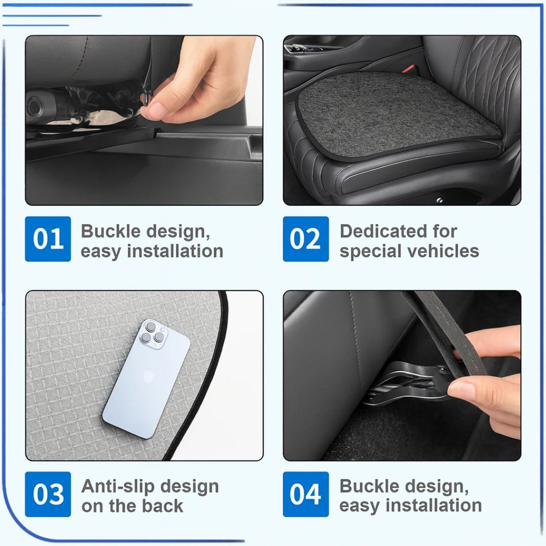 BYD linen seat cover installation guide showing buckle and anti-slip design for easy fitting from EEVA Store