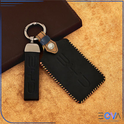 Black genuine leather NFC card key cover with strap for BYD from EEVA Store