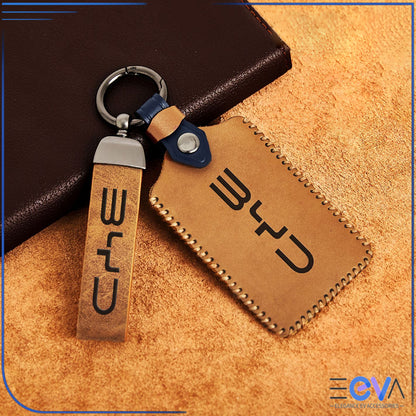 Brown genuine leather NFC card key cover with strap for BYD from EEVA Store