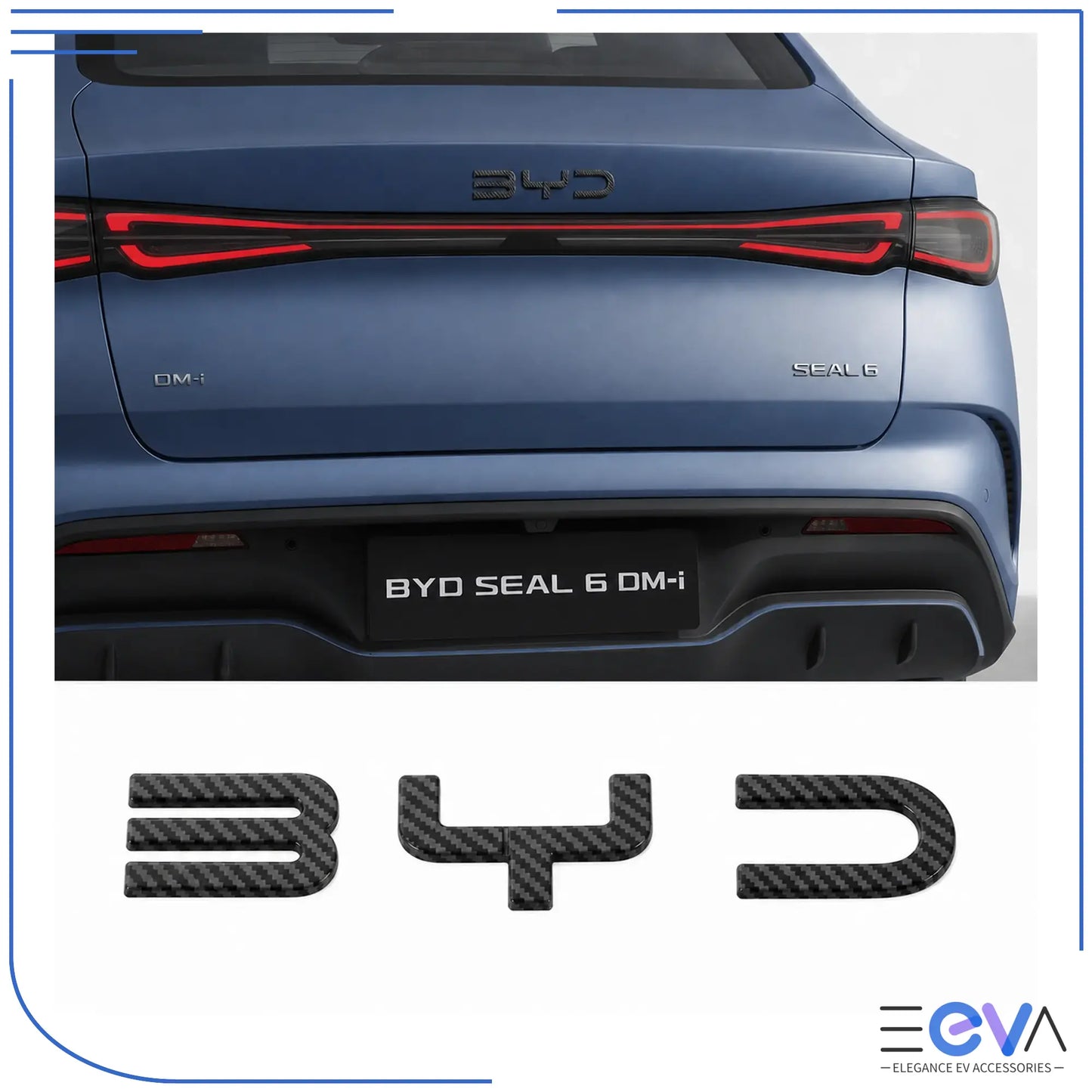 BYD Seal 6 carbon fibre emblem overlays installed on the rear boot from EEVA Store Australia.