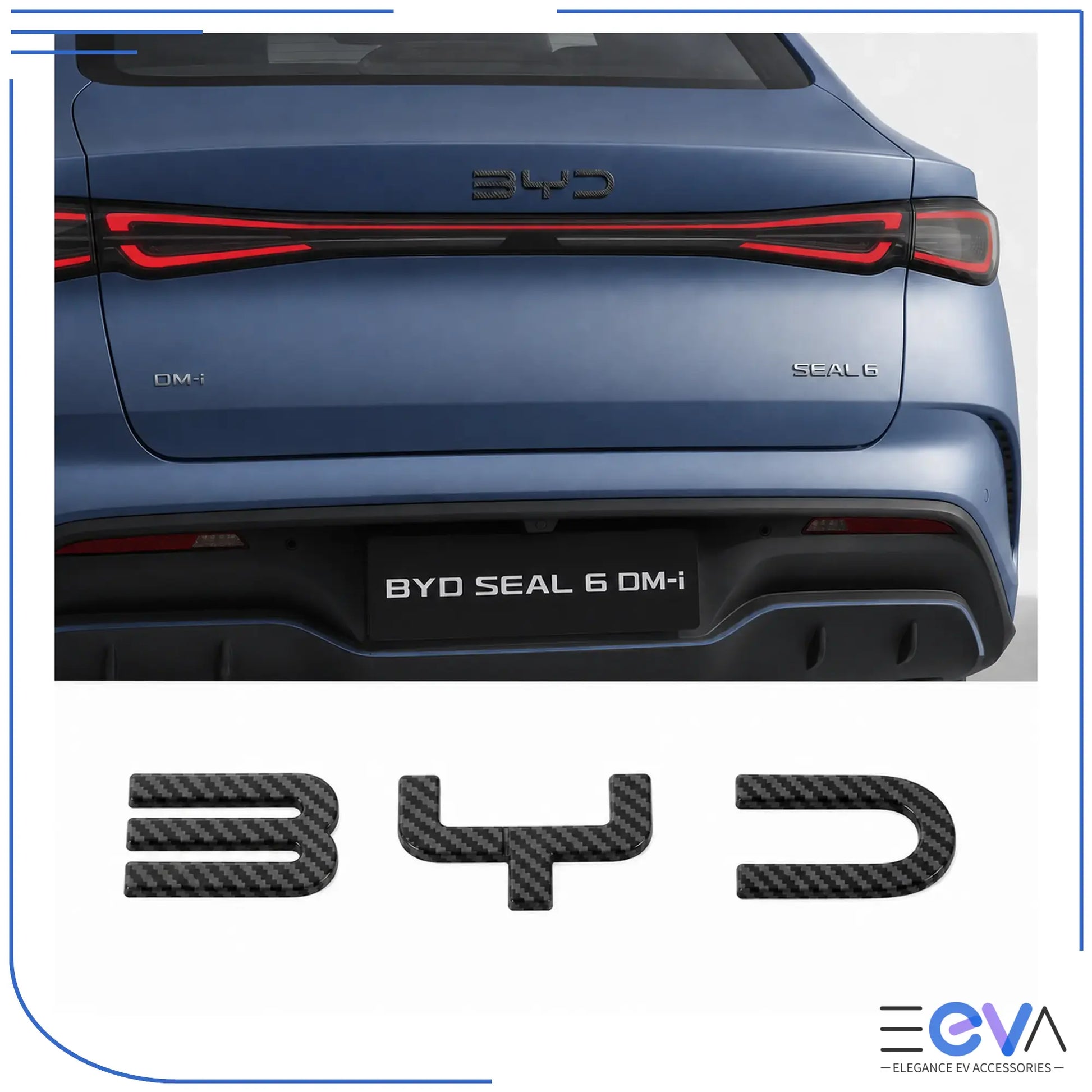 BYD Seal 6 carbon fibre emblem overlays installed on the rear boot from EEVA Store Australia.