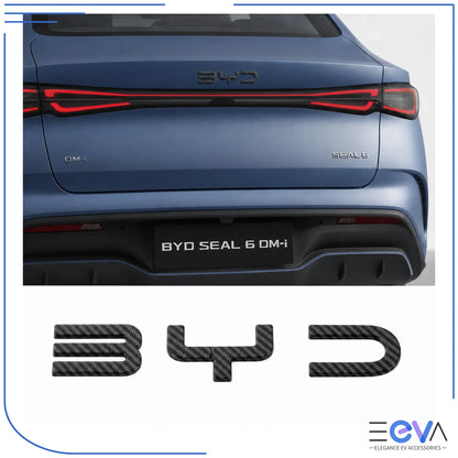BYD Seal 6 carbon fibre emblem overlays installed on the rear boot from EEVA Store Australia.