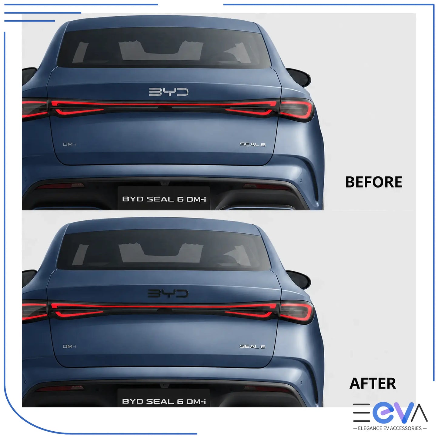 BYD Seal 6 rear emblem before and after gloss black overlay installation from EEVA Store Australia.