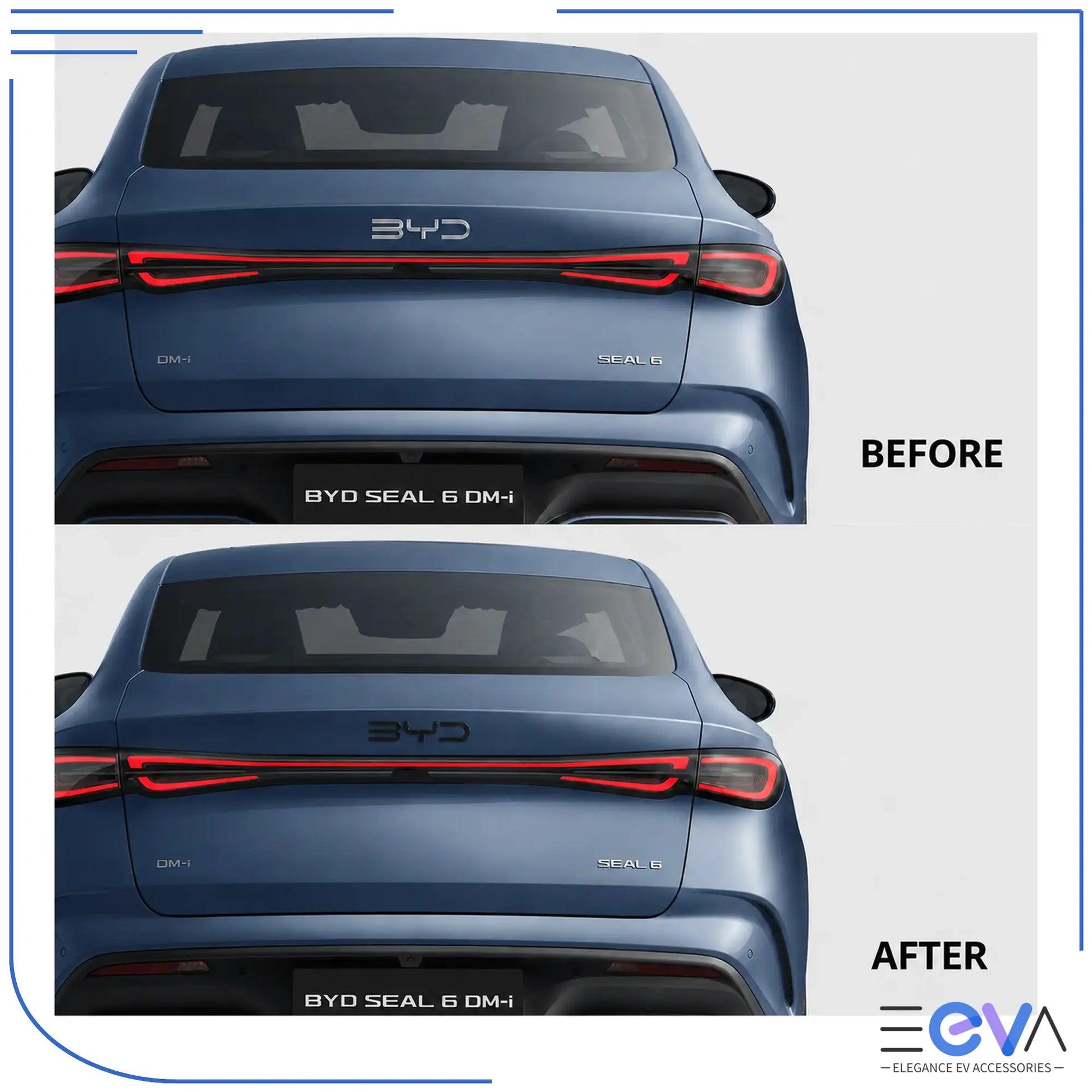 BYD Seal 6 rear emblem before and after gloss black overlay installation from EEVA Store Australia.