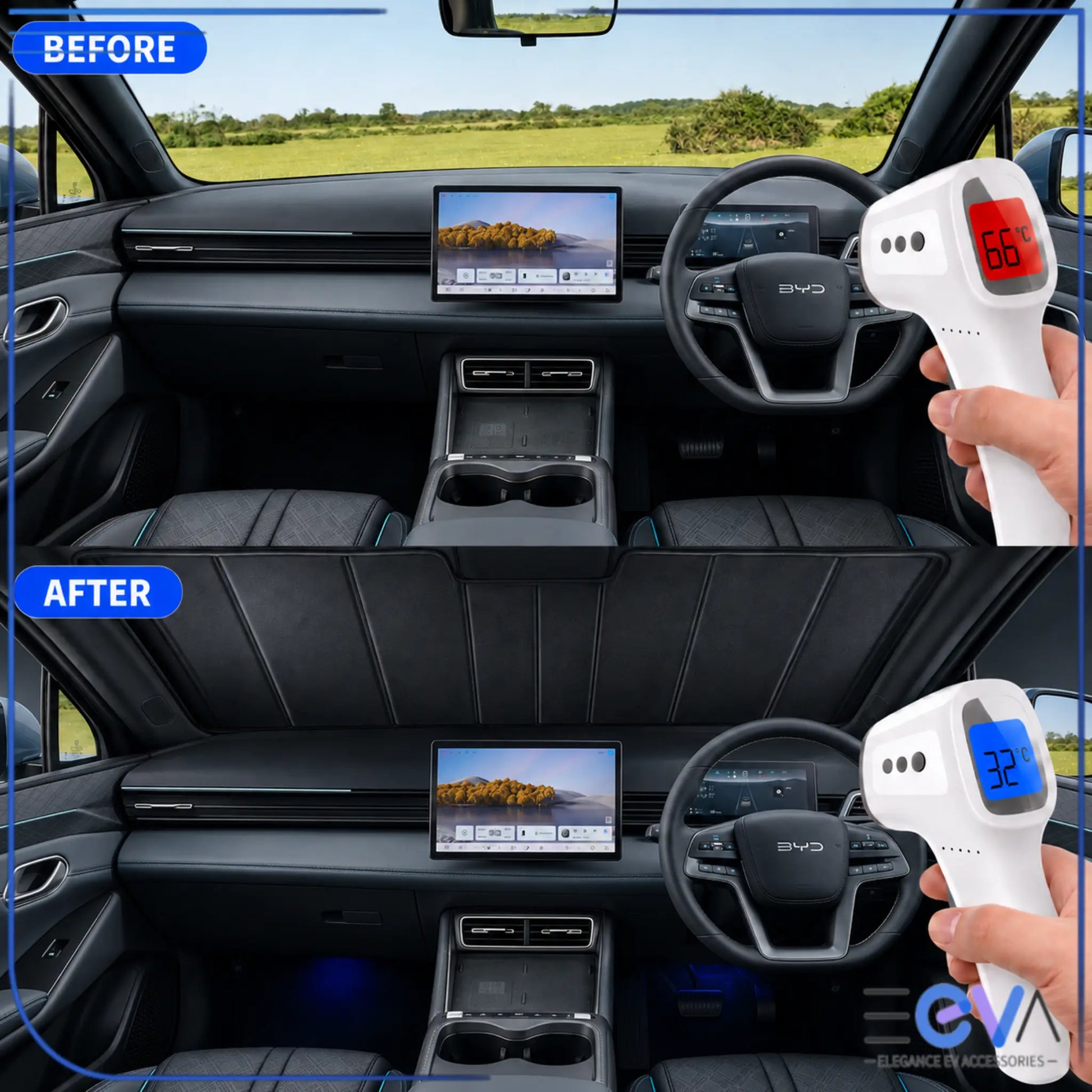 BYD Seal 6 windscreen sunshade before and after cabin temperature comparison from EEVA Store Australia.