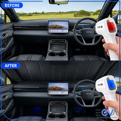 BYD Seal 6 windscreen sunshade before and after cabin temperature comparison from EEVA Store Australia.