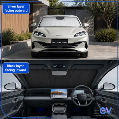 BYD Seal 6 sunshade showing silver outward layer and black inward layer from EEVA Store Australia.
