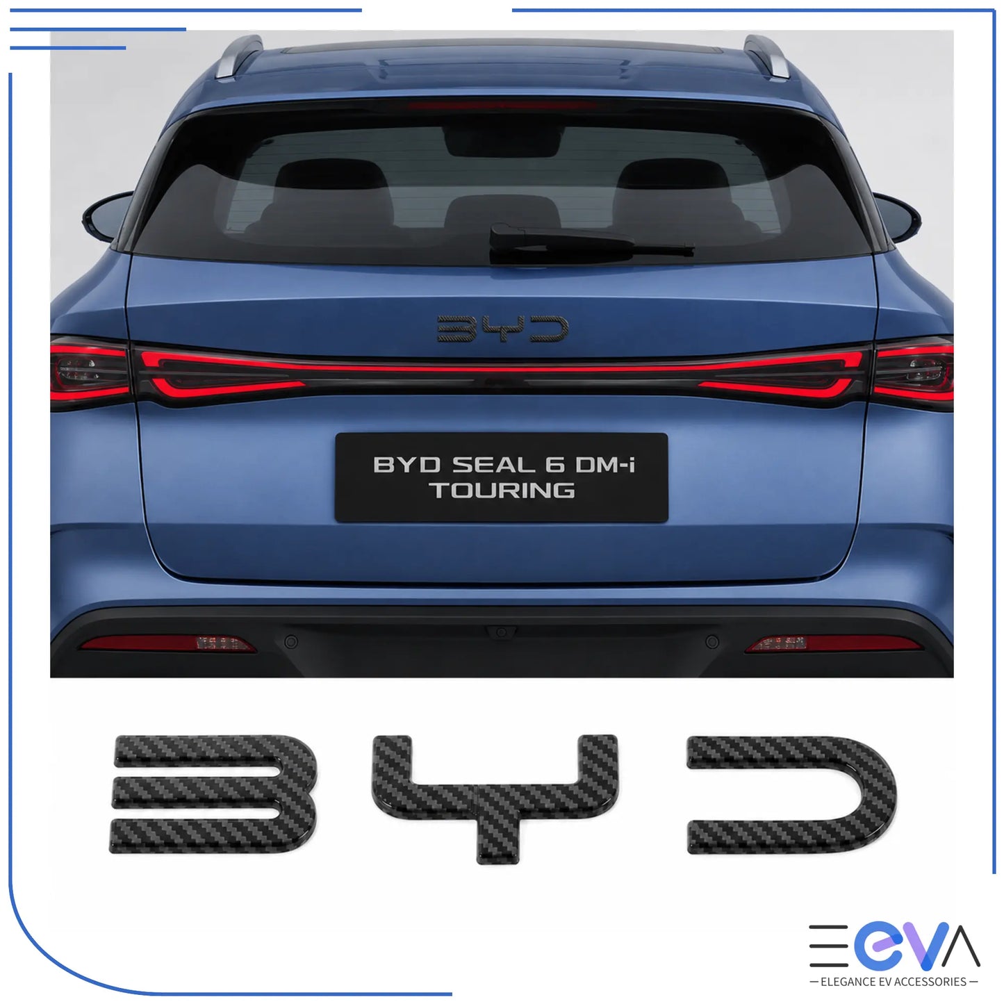 BYD Seal 6 Touring carbon fibre emblem overlays fitted to the rear tailgate from EEVA Store Australia.
