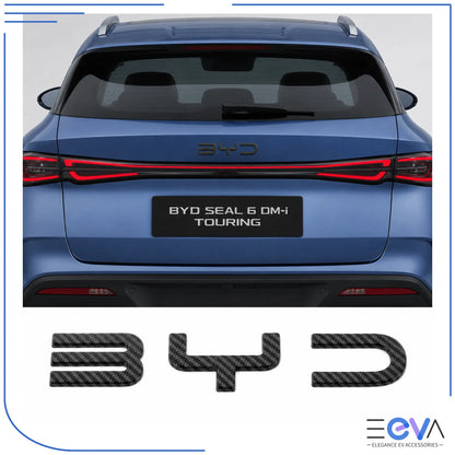 BYD Seal 6 Touring carbon fibre emblem overlays fitted to the rear tailgate from EEVA Store Australia.