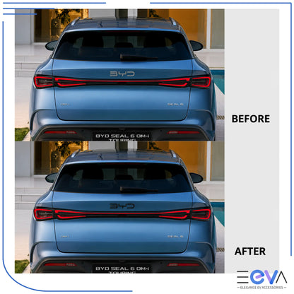 BYD Seal 6 Touring rear emblem before and after gloss black overlay from EEVA Store Australia.