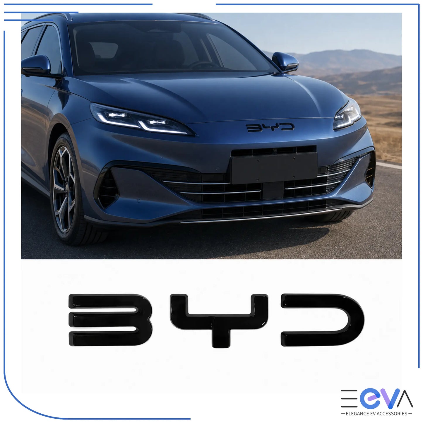 BYD Seal 6 Touring gloss black emblem overlays fitted to the front bonnet from EEVA Store Australia.