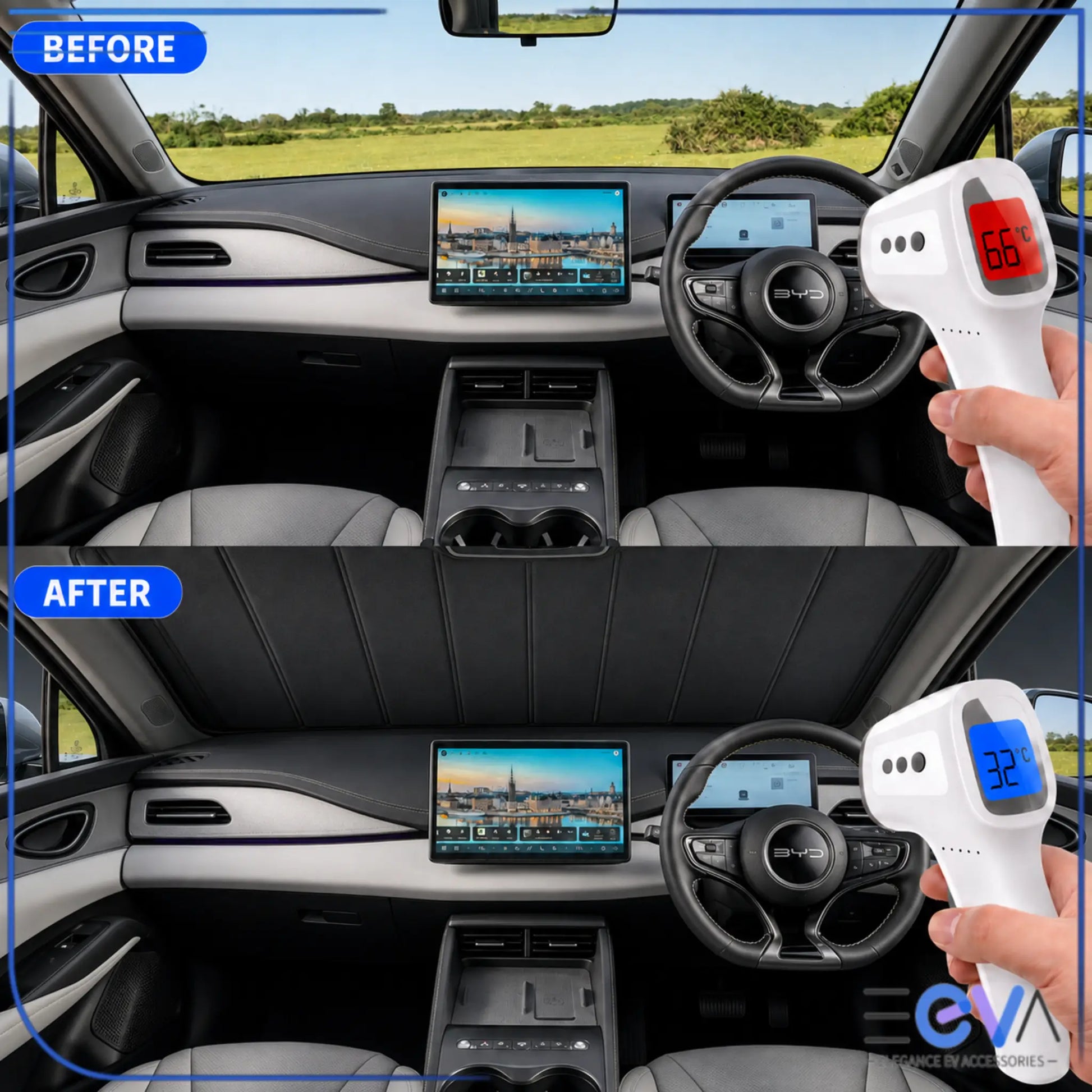 BYD Seal 6 Touring windscreen sunshade before and after cabin temperature comparison from EEVA Store Australia.
