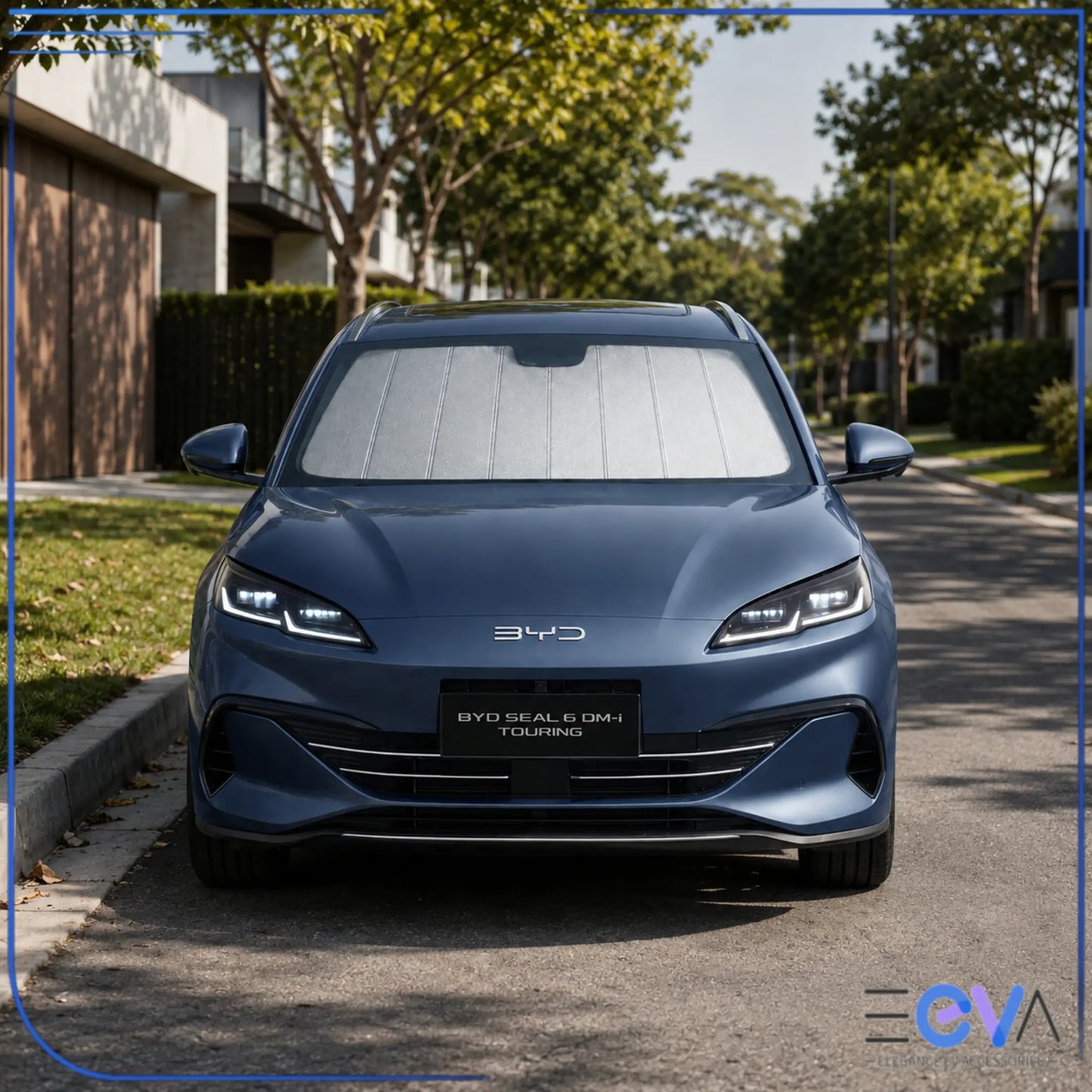 BYD Seal 6 Touring windscreen sunshade installed on the front window from EEVA Store Australia.