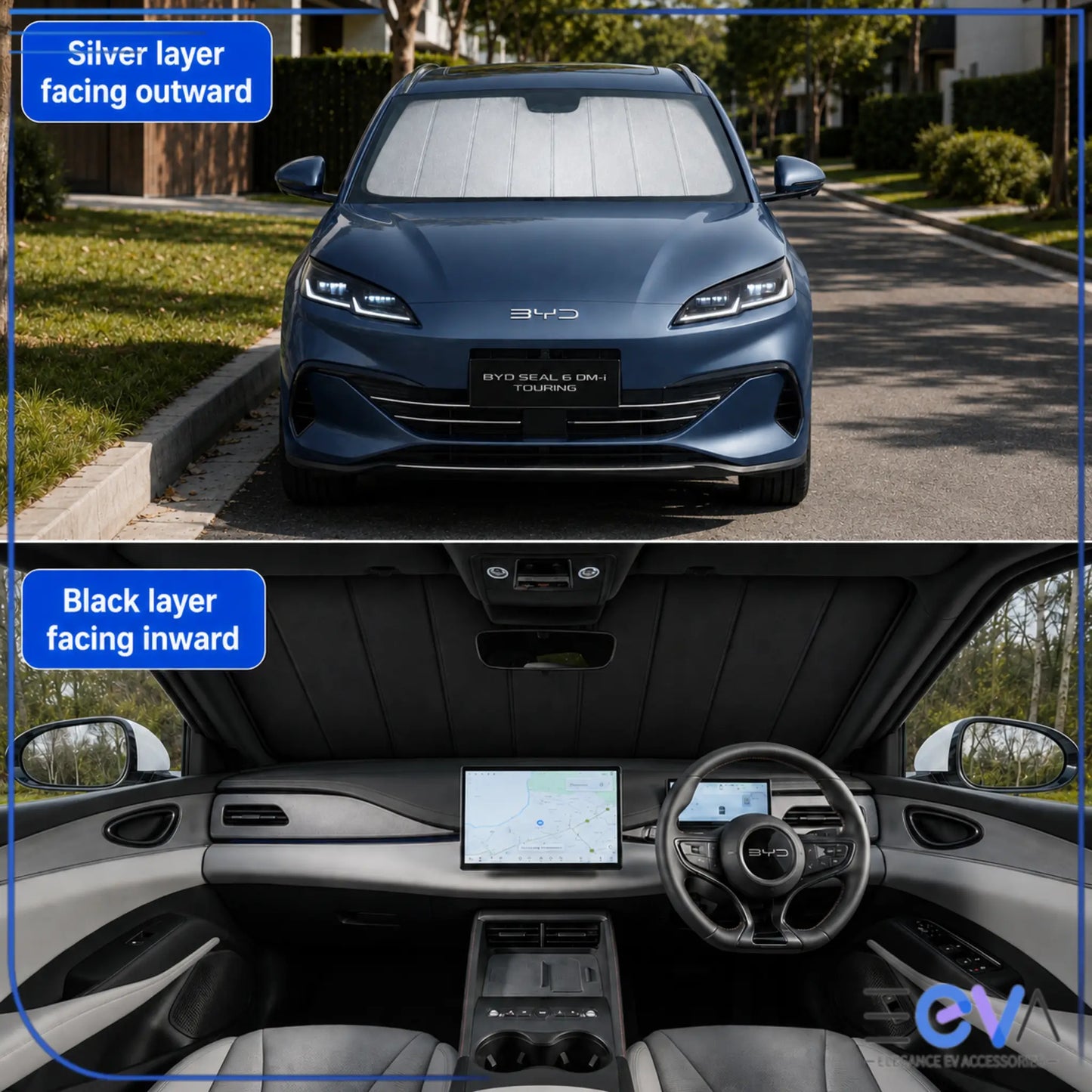 BYD Seal 6 Touring sunshade showing silver outward layer and black inward layer from EEVA Store Australia.