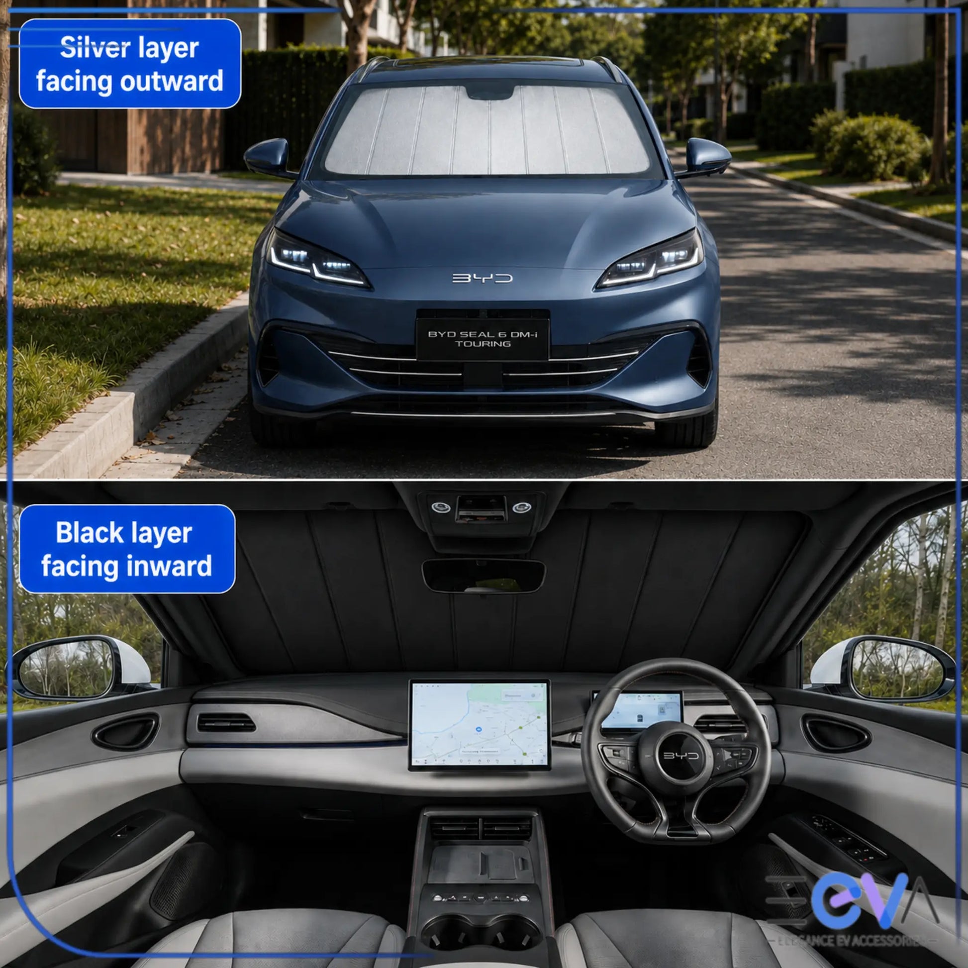 BYD Seal 6 Touring sunshade showing silver outward layer and black inward layer from EEVA Store Australia.