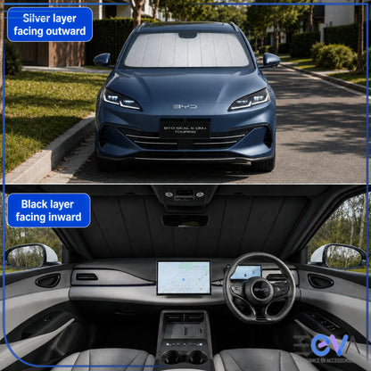 BYD Seal 6 Touring sunshade showing silver outward layer and black inward layer from EEVA Store Australia.