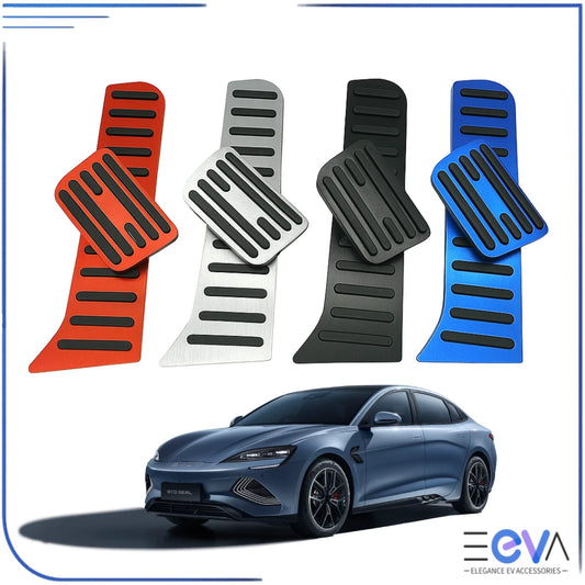 BYD Seal aluminium pedal covers in silver, black, red and blue – anti-skid set from EEVA Store