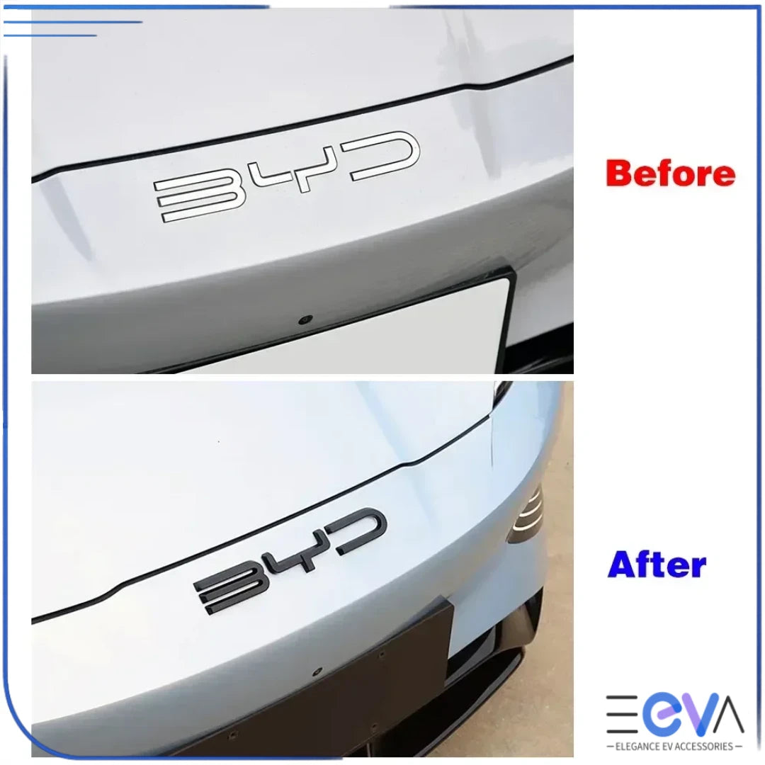 BYD Seal emblem badge before and after comparison in gloss black finish from EEVA Store Australia