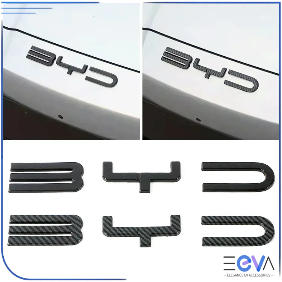 BYD Seal emblem badge overlays in gloss black and carbon fibre finish from EEVA Store Australia