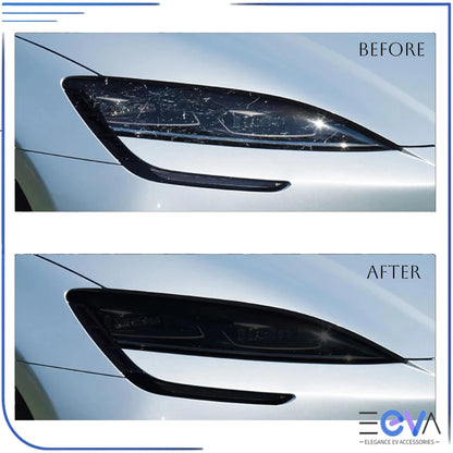 BYD Seal headlight before and after applying protection film showing reduced scratches in Australia from EEVA Store Australia
