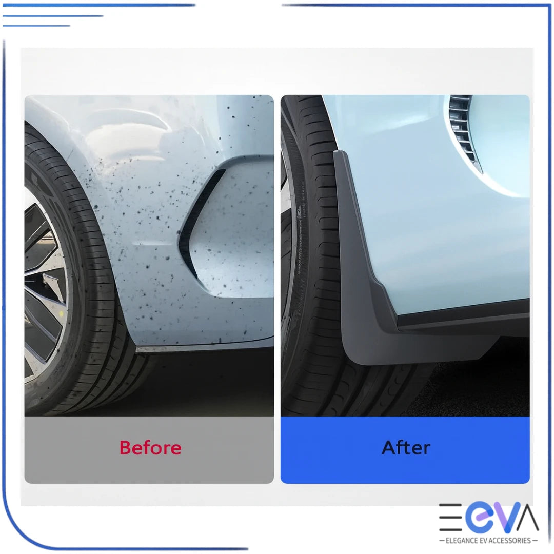 BYD Seal mudflaps before and after installation showing improved protection from dirt and debris from EEVA Store