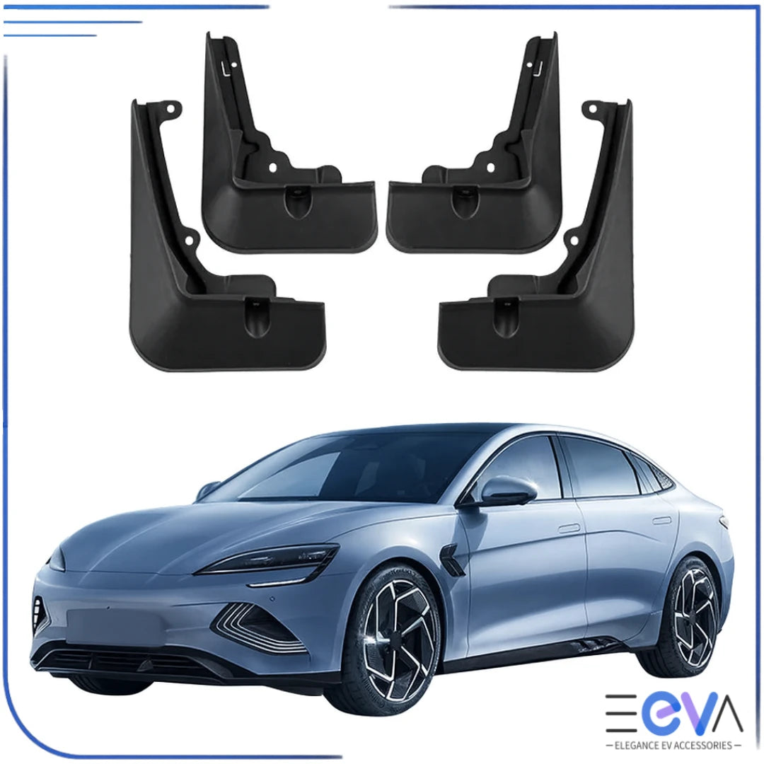BYD Seal mudflap set showing four pieces for front and rear wheel arches – waterproof fender guards from EEVA Store