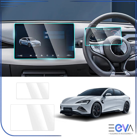BYD Seal dashboard view showing tempered glass screen protectors fitted to instrument and centre screens from EEVA Store Australia