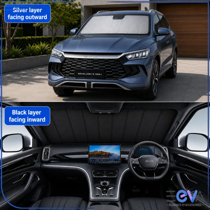 BYD Sealion 5 windscreen sunshade shown from the exterior and inside the cabin from EEVA Store Australia
