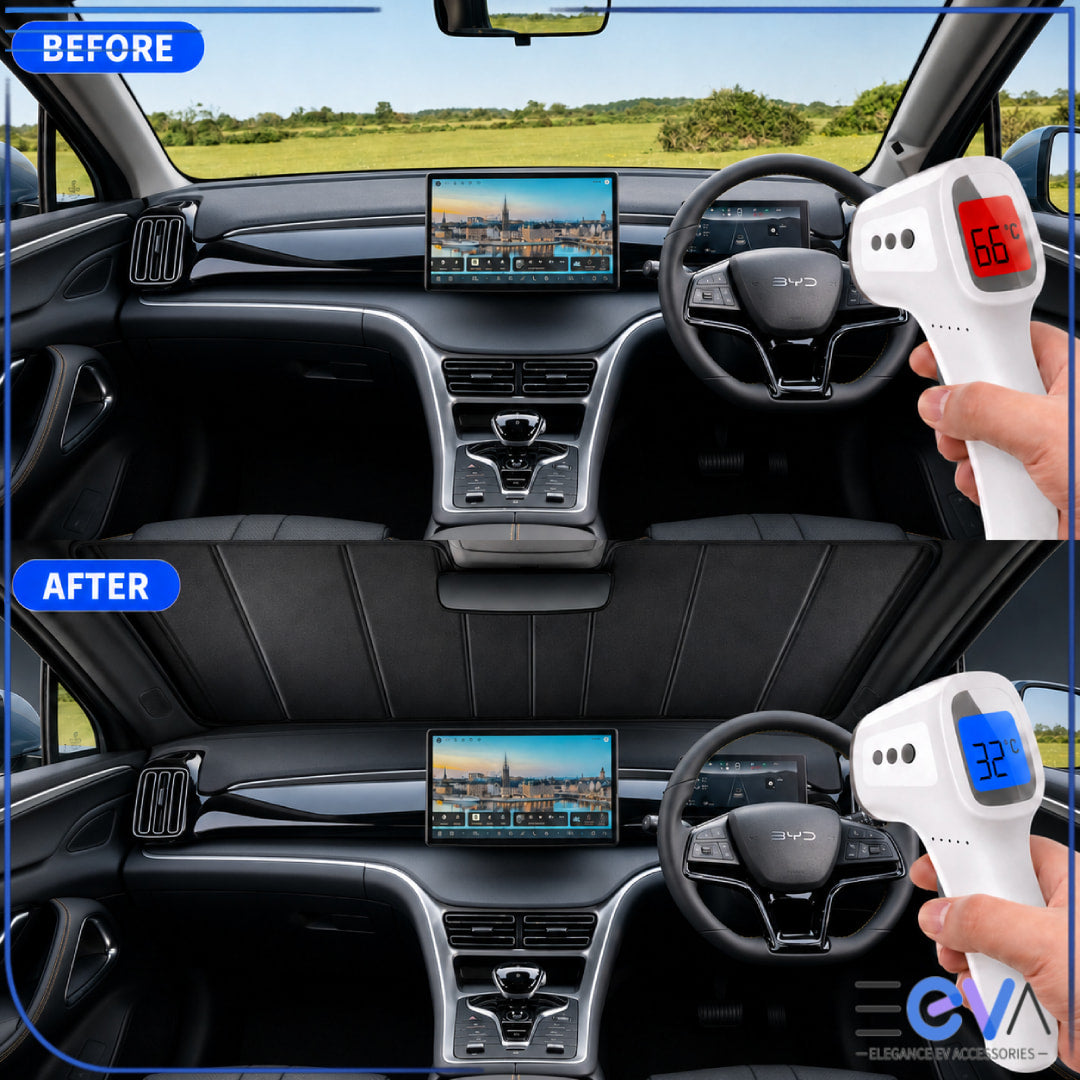 BYD Sealion 5 windscreen sunshade before and after cabin temperature comparison from EEVA Store Australia