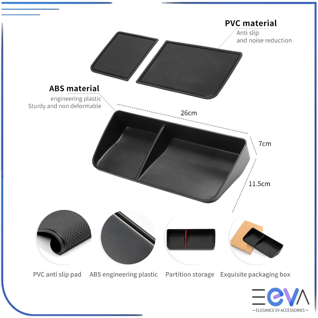 BYD Sealion 6 screen-top storage tray features showing ABS plastic, non-slip mats and separated storage from EEVA Store