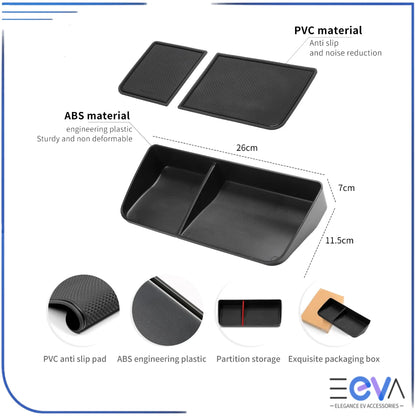 BYD Sealion 6 screen-top storage tray features showing ABS plastic, non-slip mats and separated storage from EEVA Store